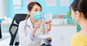 female doctor discussing colorectal cancer diagnosis with woman